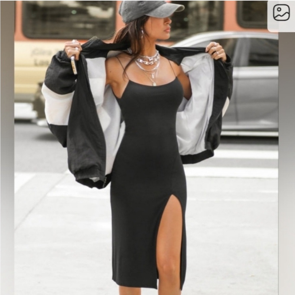 Joah Brown Black Strappy Midi Dress with Thigh Slit